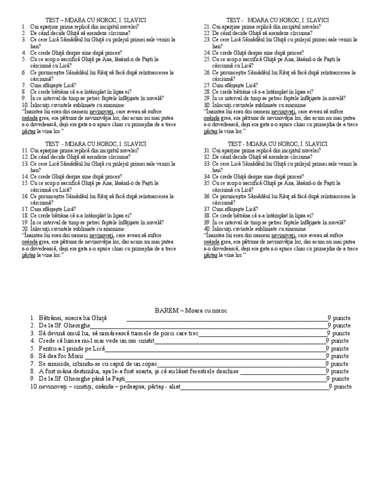 Moara Cu Noroc Test. Didactic | PDF