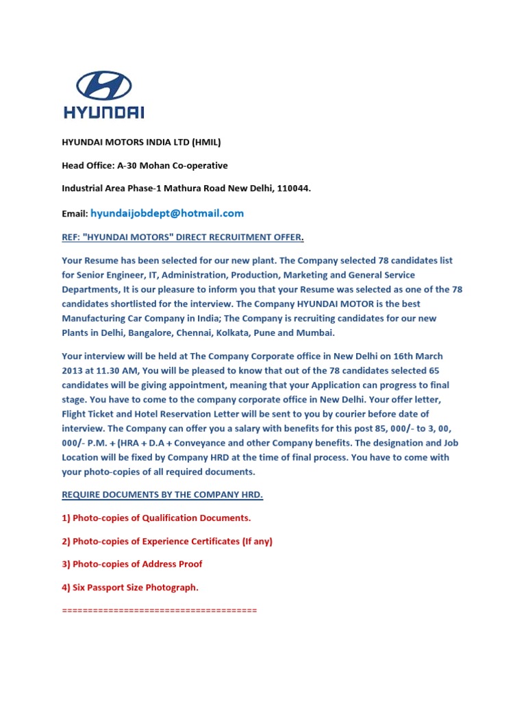 Hyundai Job Offer | PDF | Mail | Banks