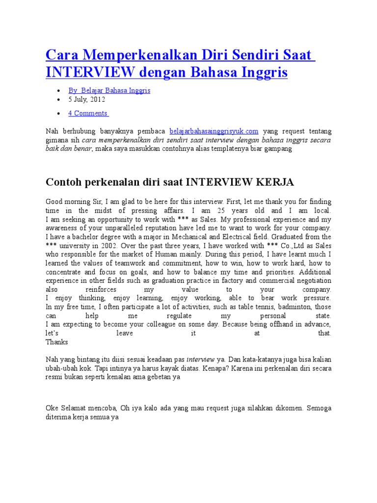 Cara Memperkenalkan Diri Sendiri Saat Interview Dengan Bahasa Inggris Doc