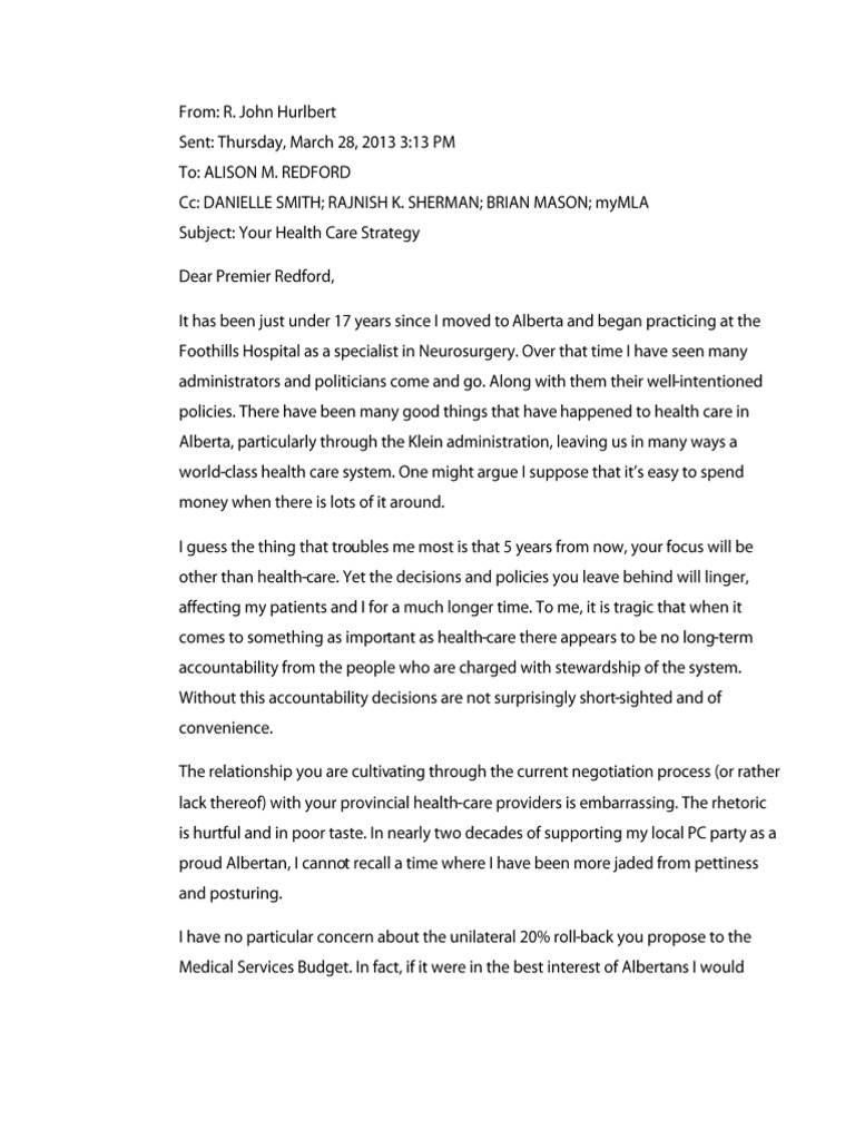 Letter From Dr. John Hurlbert PDF Alberta Health Care