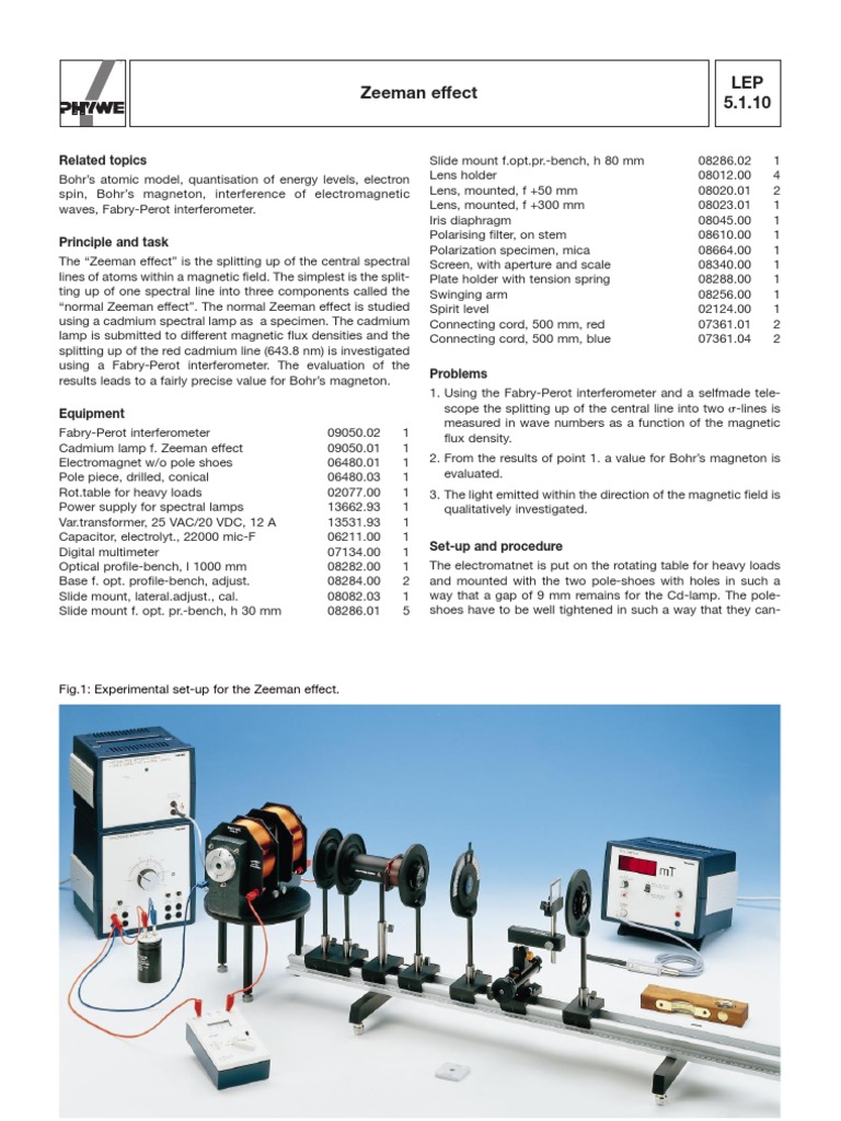 Experimental Setup for Zeeman Effect | PDF | Wavelength | Interferometry