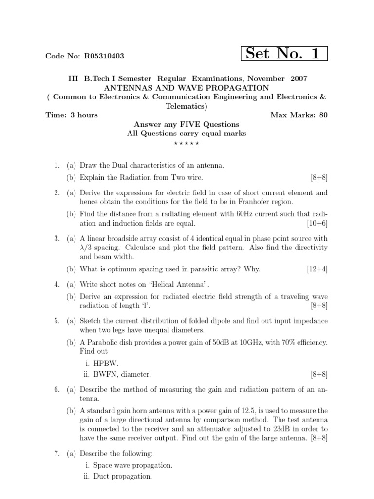 Antennas and Wave Propagation Nov 2007 Question Paper PDF Antenna