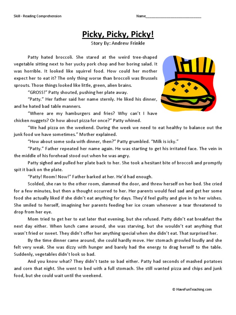 Picky Picky Picky Third Grade Reading Comprehension Worksheet | Food