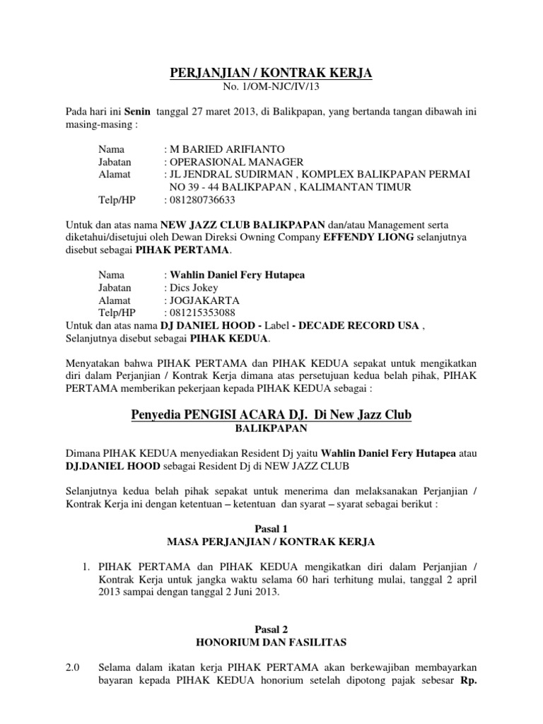 Contoh Surat Kontrak Artis