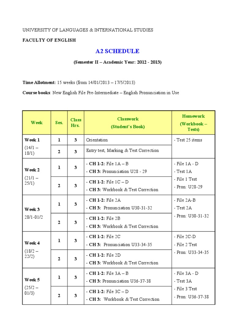 A2 Schedule Week Ses Class Hrs Classwork Student S Book Homework