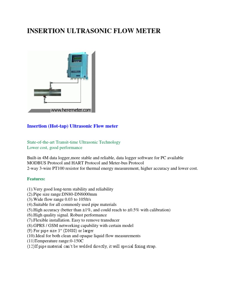 Insertion Ultrasonic Flow Meter Overview | PDF | Flow Measurement ...