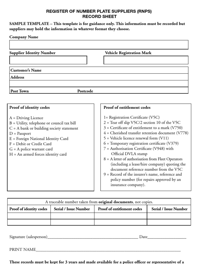 Register of Number Plate Supplier Record Sheet