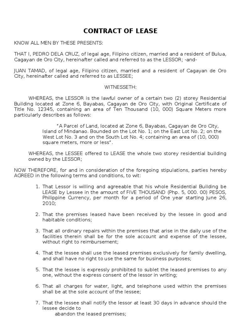 Contract of Lease Lease Contract Law