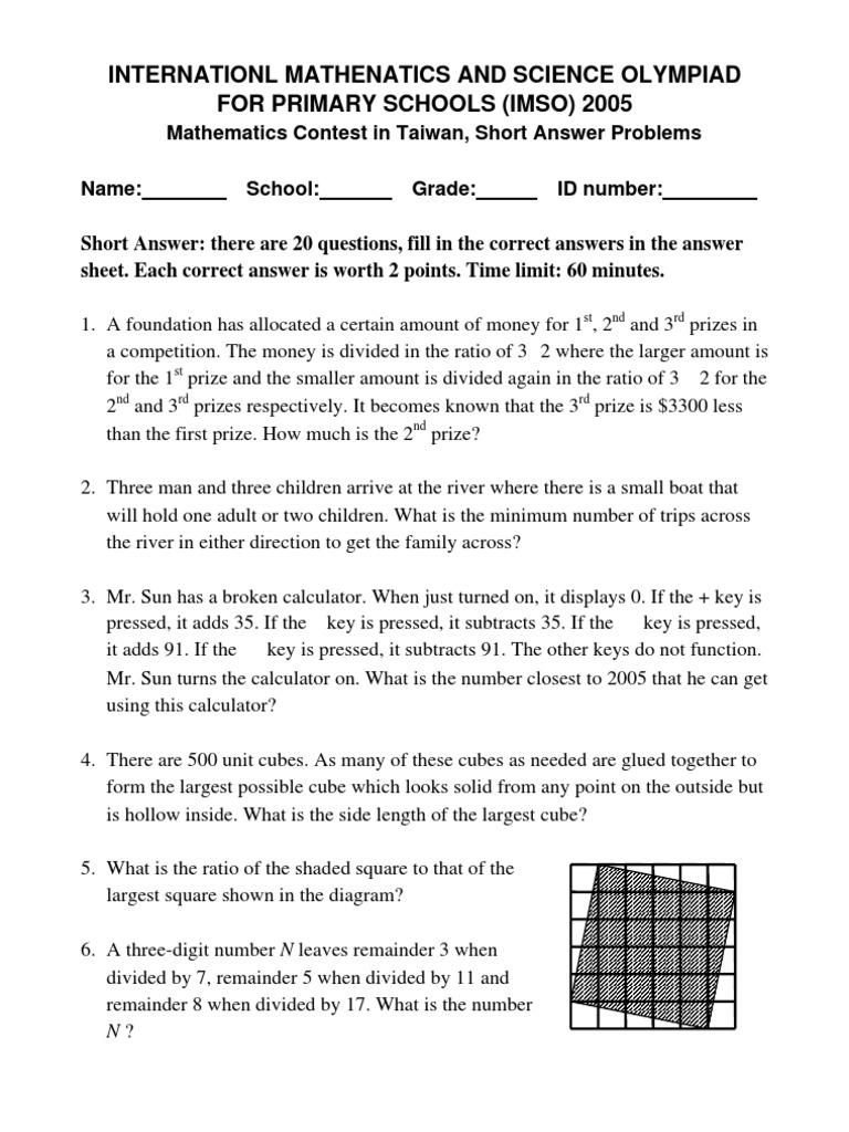 IMSO 2005 Primary Math Contest Problems | PDF