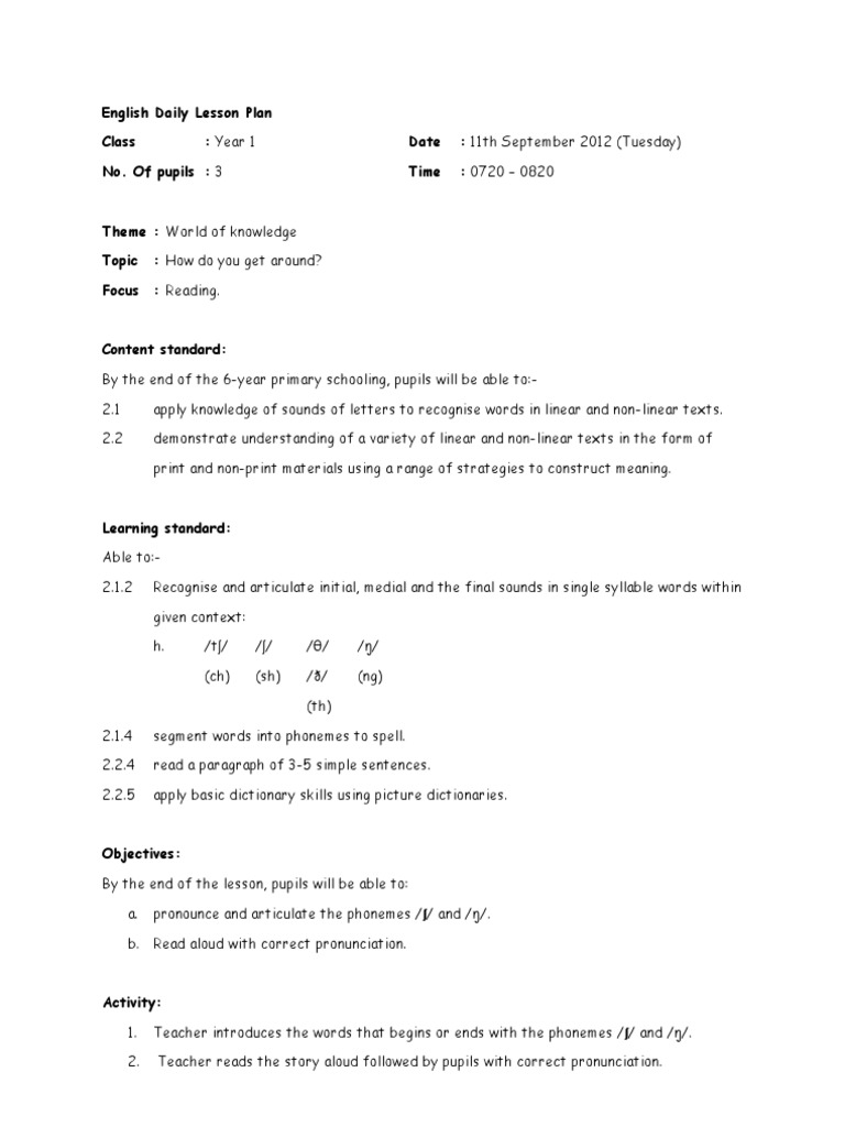 Year 1 English Lesson Plan: Phonemes | PDF | Foreign Language Studies