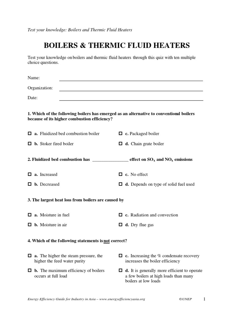 Quiz Boilers and Thermic Fluid Heaters PDF Boiler Chemical