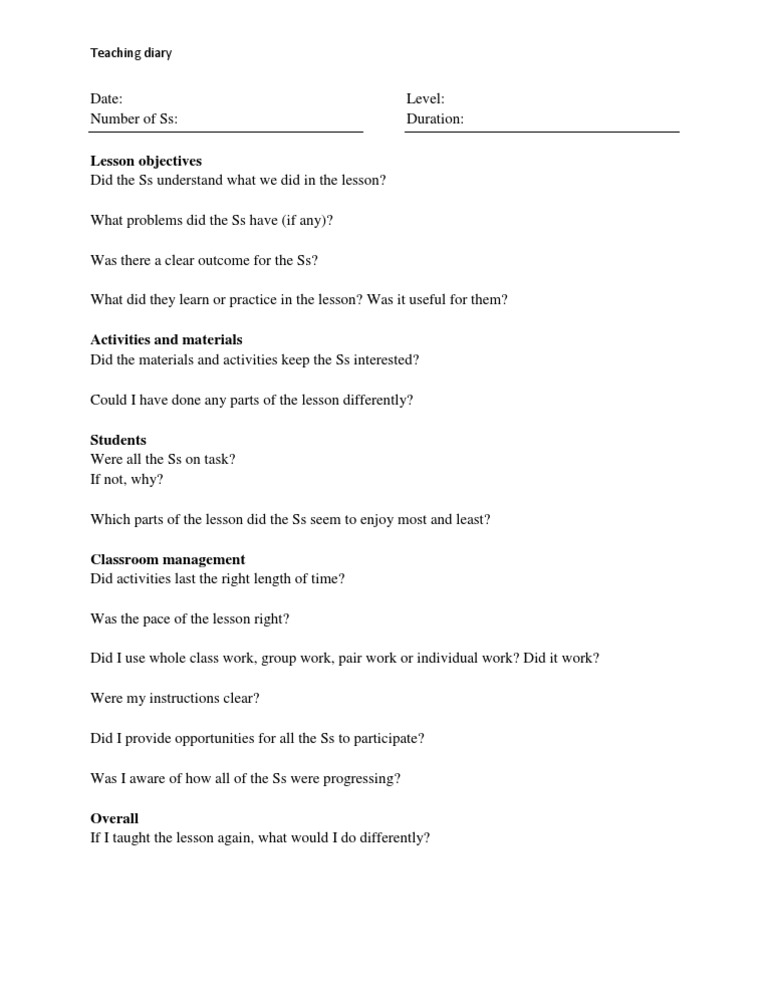 Teaching Diary: Lesson Reflection Guide | PDF