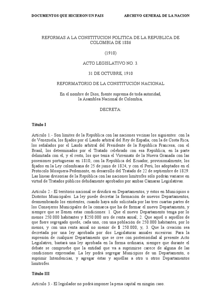 las principales reformas a la constitución de 1886 República Colombia