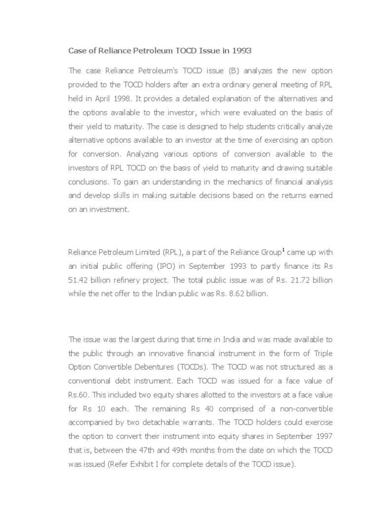 Reliance Petroleum TOCD Options Analysis | PDF | Oil Refinery | Warrant ...