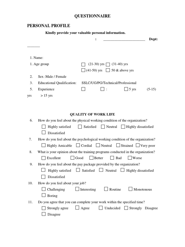 Questionnaire Personal Profile | PDF | Lifestyle