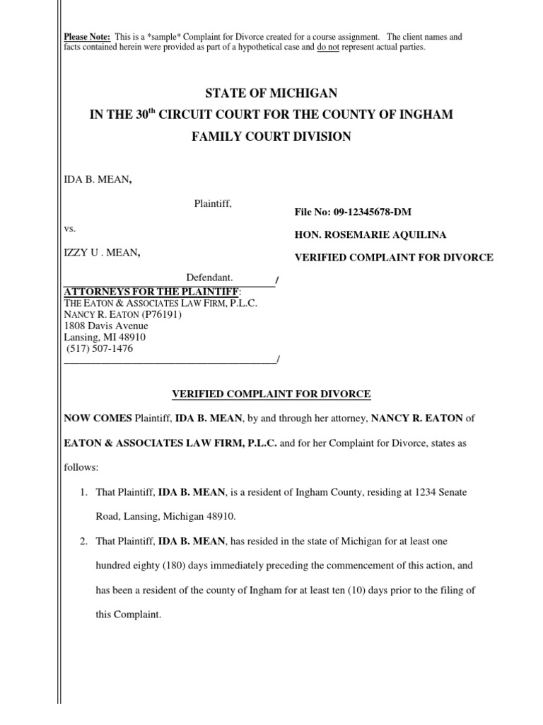 Complaint For Divorce (Hypo) Writing Sample NRE PDF Child