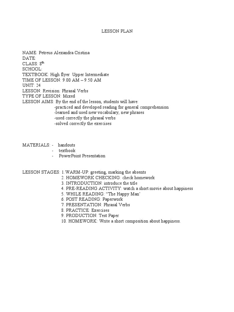 Phrasal Verbs Lesson Plan for 8th Grade | PDF | Phrase | Lesson Plan