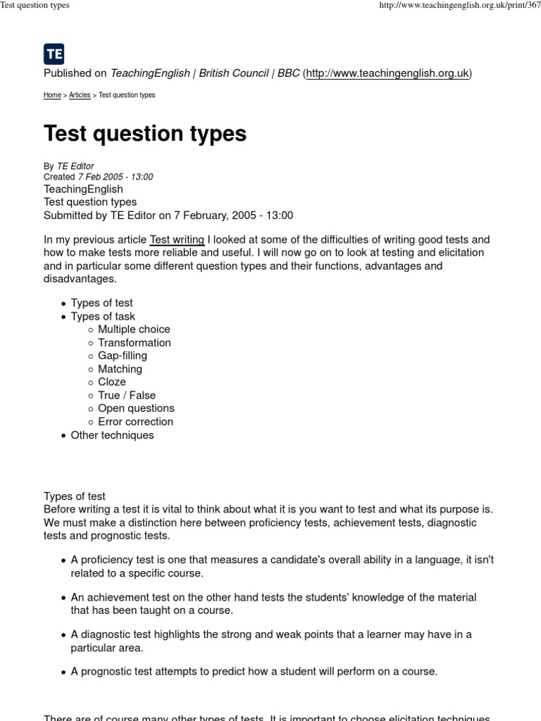 Test Question Types PDF Multiple Choice Test (Assessment)