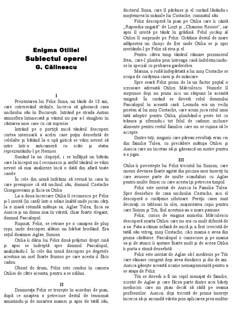George Calinescu Enigma Otiliei Subiectul Operei