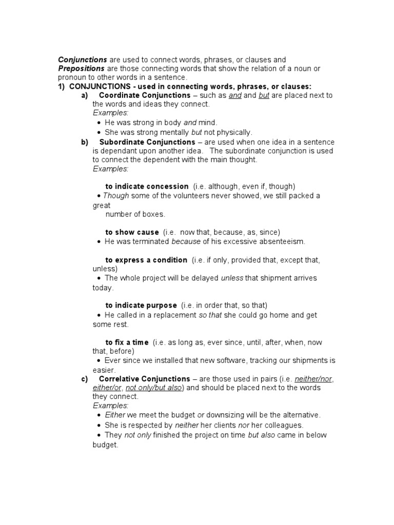 Prepositions and Conjunctions Explained | PDF | Preposition And ...