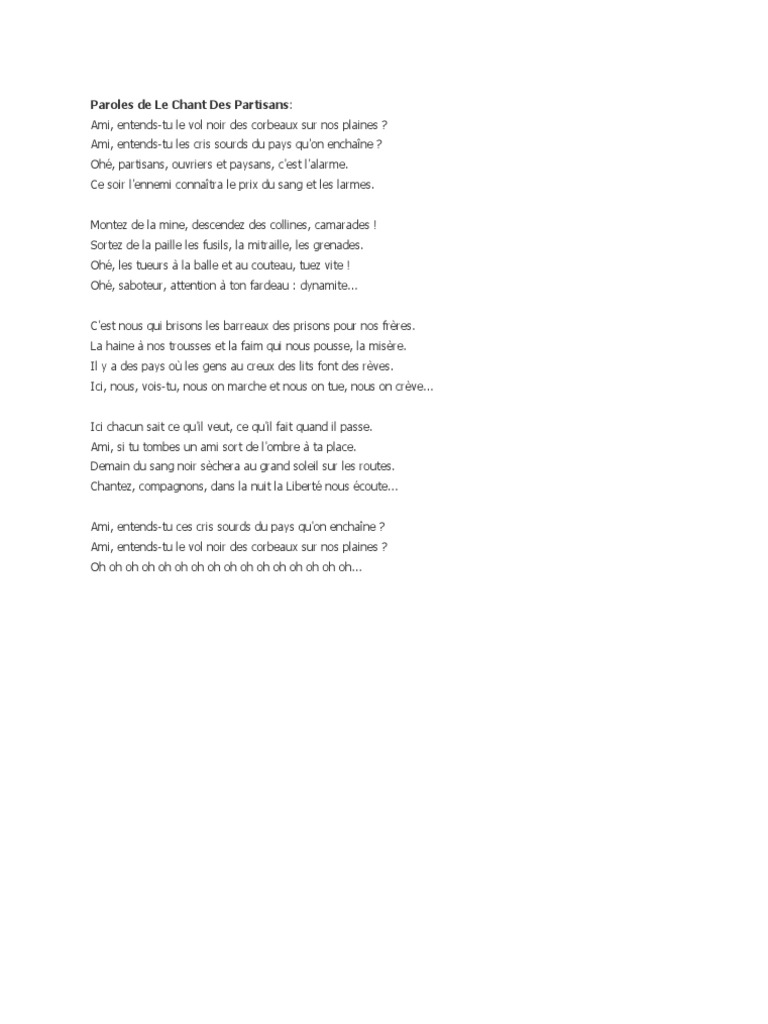 parole de le chant des partisans pdf
