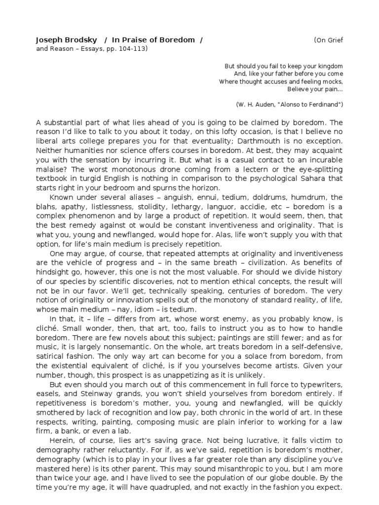 Joseph Brodsky In Praise Of Boredom Pdf Psychology Science