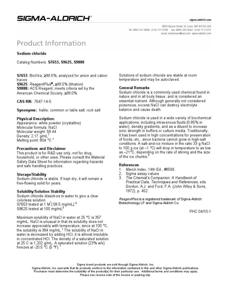 Info Sheet Sodium Chloride Chloride