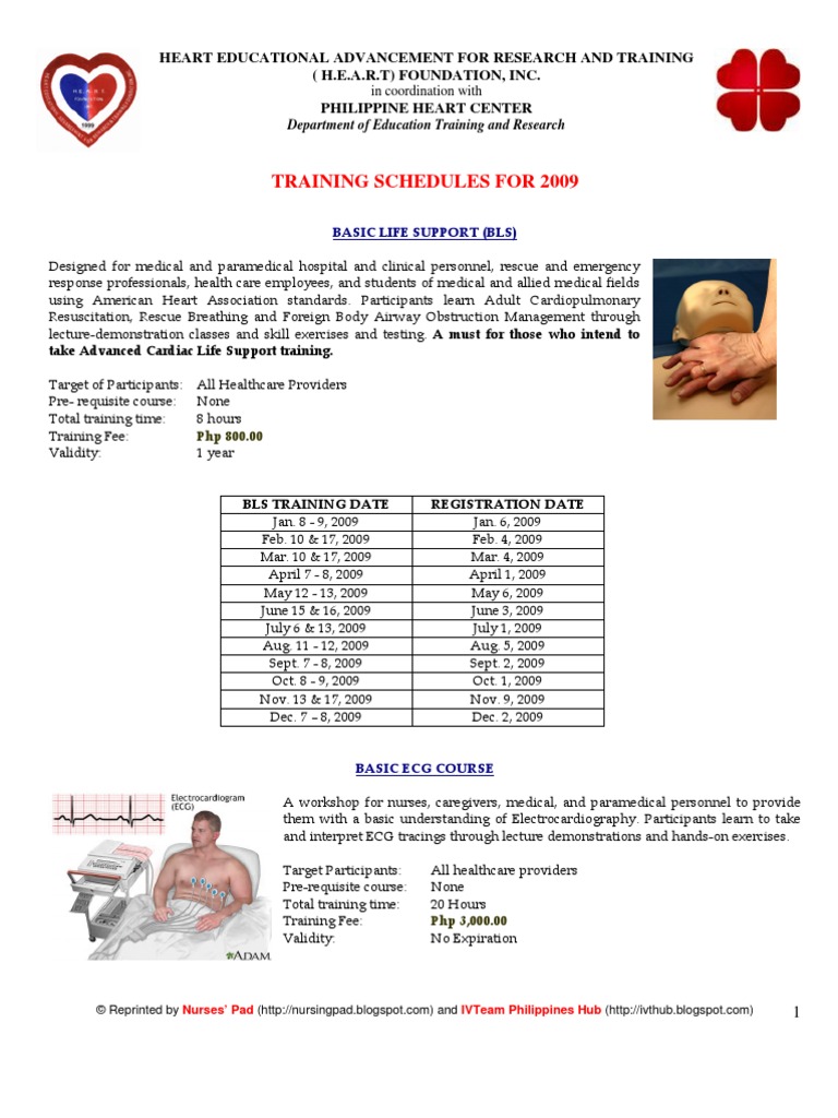 HEART Foundation and Philippine Heart Center Training Schedules for 2009 Cardiopulmonary