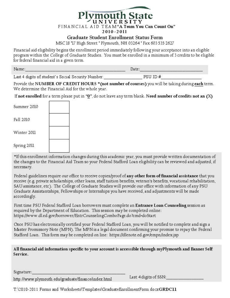 Graduate Enrollment Form | PDF | Student Financial Aid In The United ...