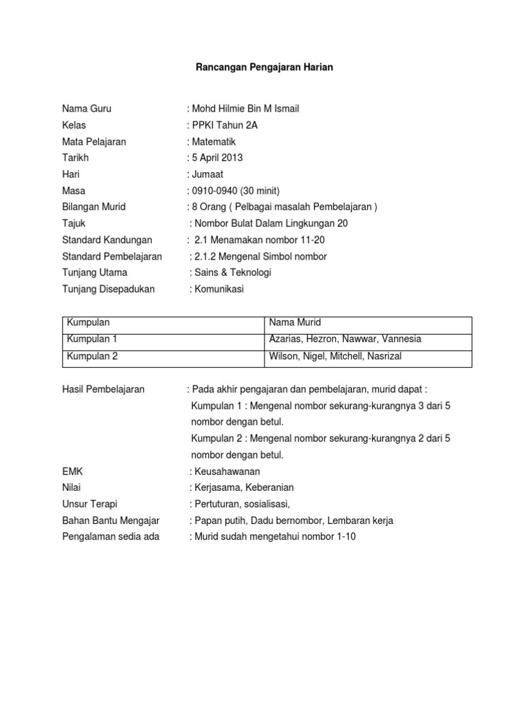 Rph Matematik Kssr Tahun 2 Pendidikan Khas Pdf