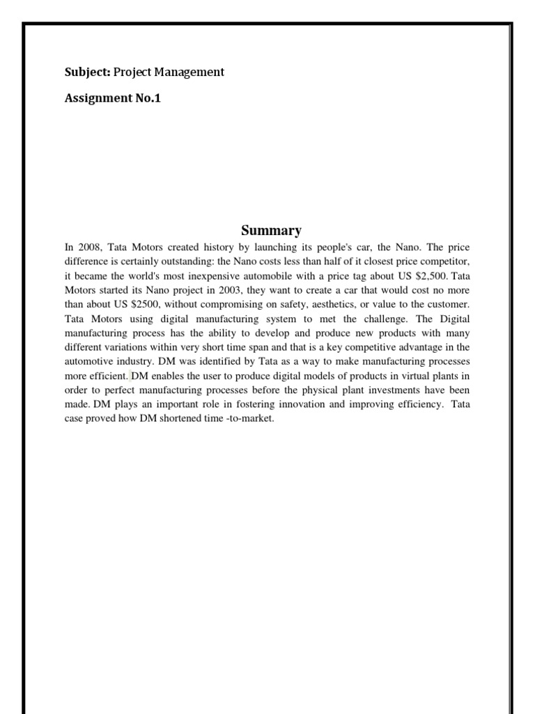 Subject: Project Management Assignment No.1 | PDF