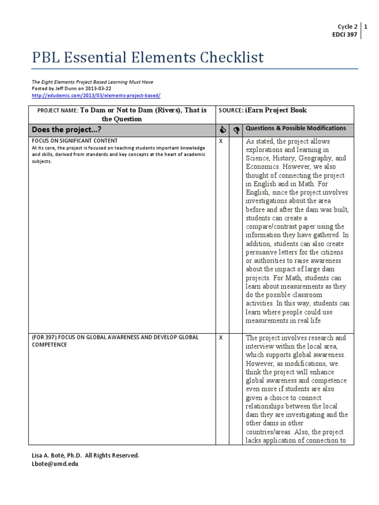 Pblessentialschecklist To Dam or Not To Dam | PDF | Question | Creativity