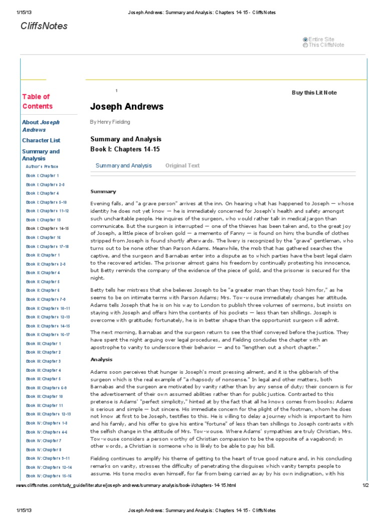 Joseph Andrews - Summary and Analysis - Chapters 14-15 - CliffsNotes | PDF