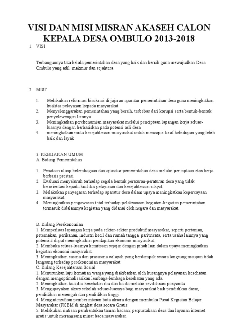 Visi Dan Misi Misran Akaseh Calon Kepala Desa Ombulo 2013