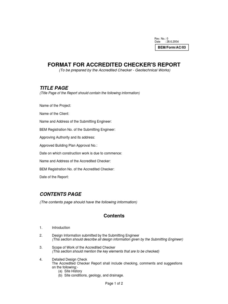 Format For Accredited Checker'S Report: Title Page | PDF | Geotechnical ...