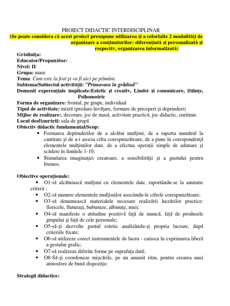 Modele PROIECT de LECTIE Operationalizarea Obiectivelor | PDF