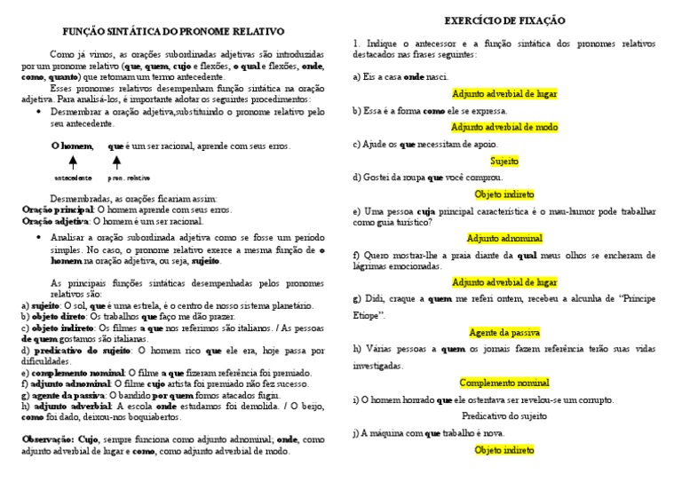 Função Sintática do Pronome Relativo | PDF
