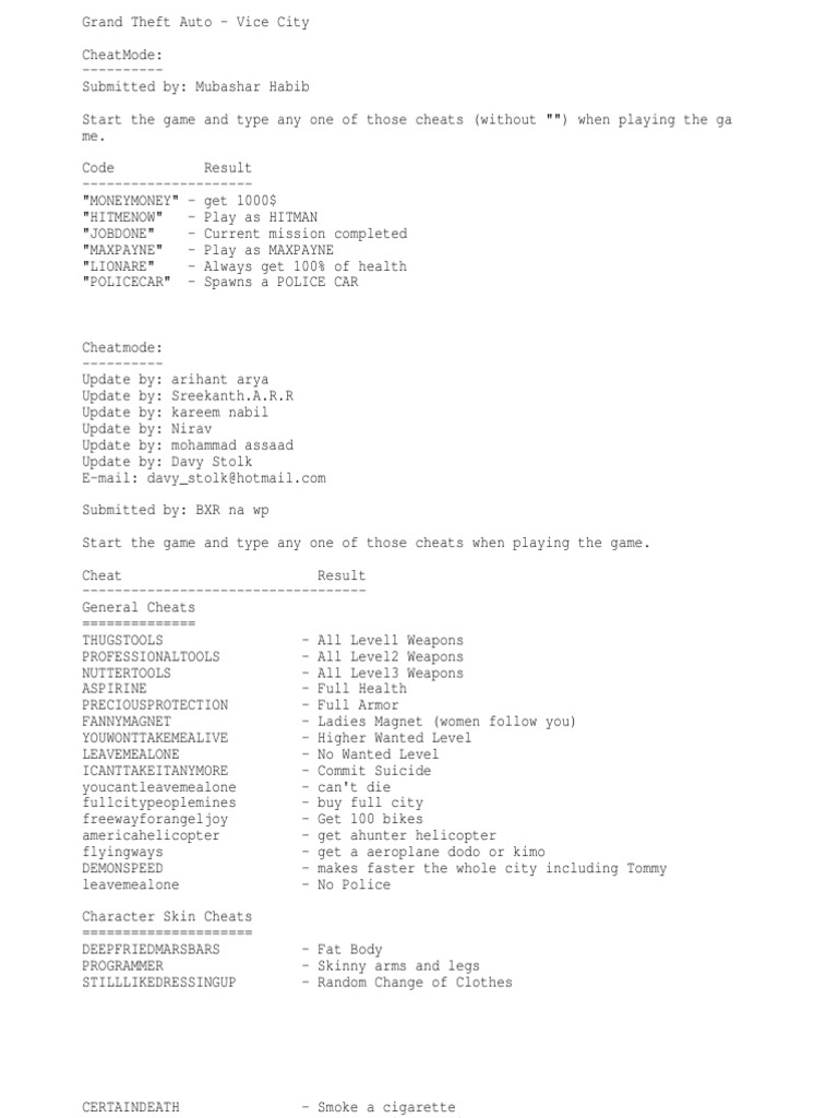 GTA Vice City Car Cheat Codes Guide | PDF | Cheating In Video Games ...
