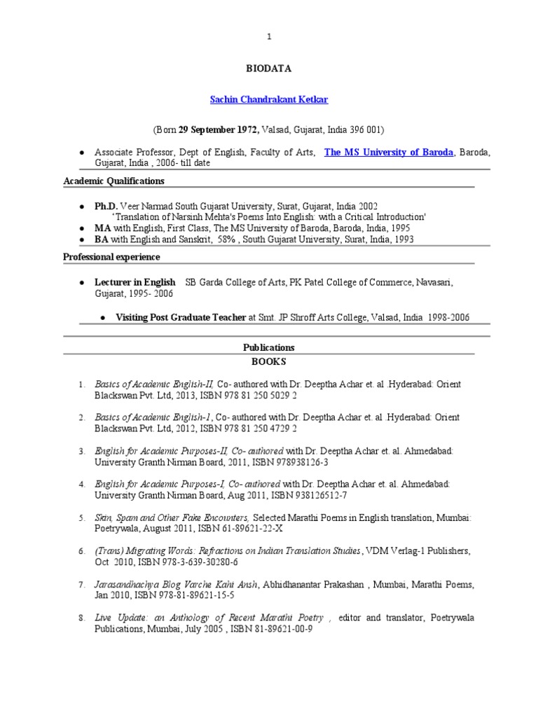 Sachin Ketkar Biodata Mar 2013 PDF Gujarat Indian Literature