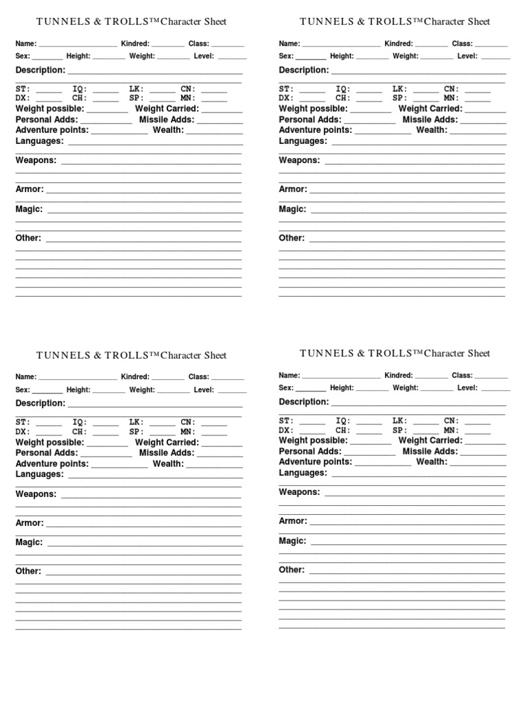 Tunnels & Trolls Character Sheet PDF