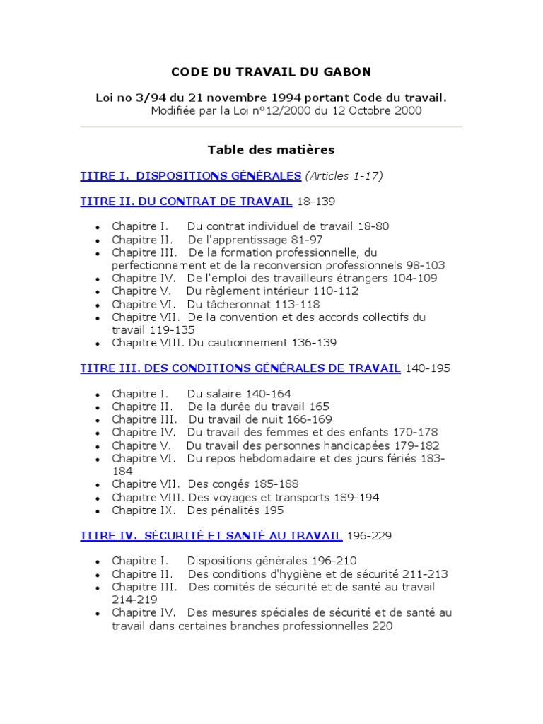 Gabon  Code Du Travail  PDF  Convention collective  Retraite