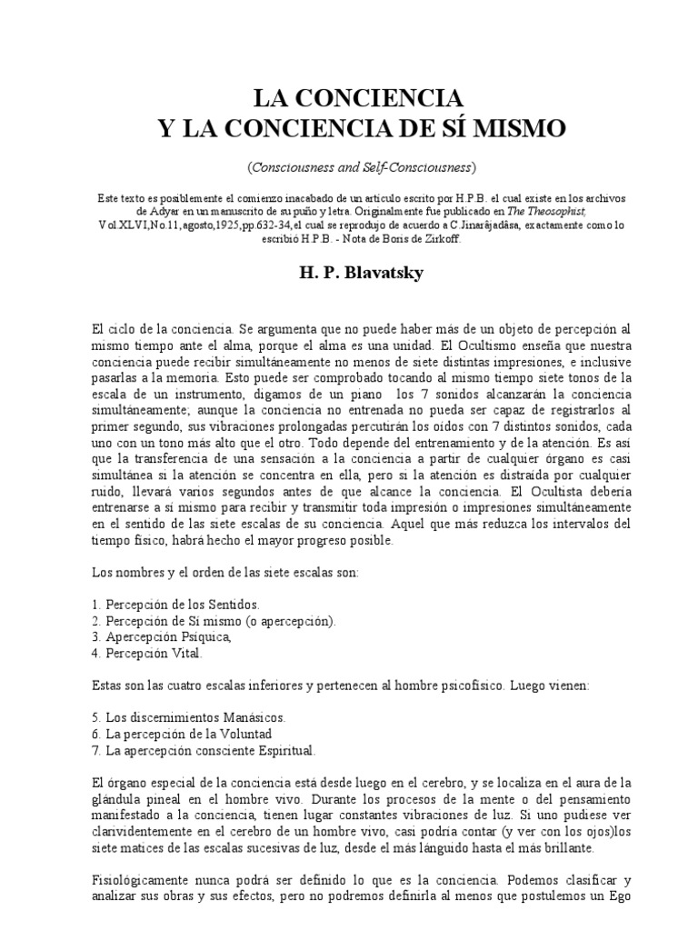 La Conciencia y La Conciencia de Si Mismo - HPB | PDF | Percepción | Mente