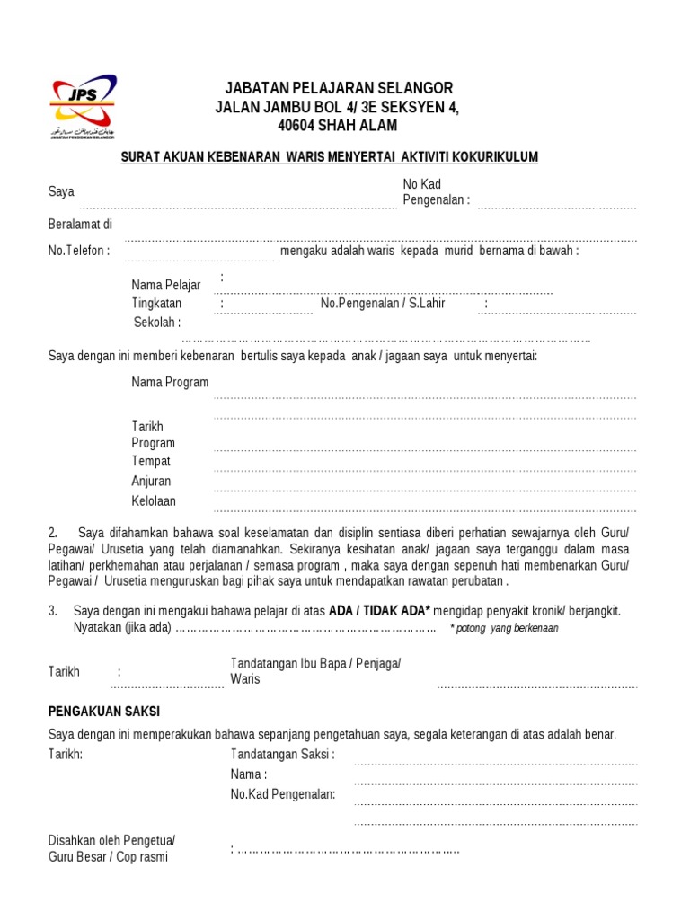 Contoh Surat Kebenaran Ibubapa