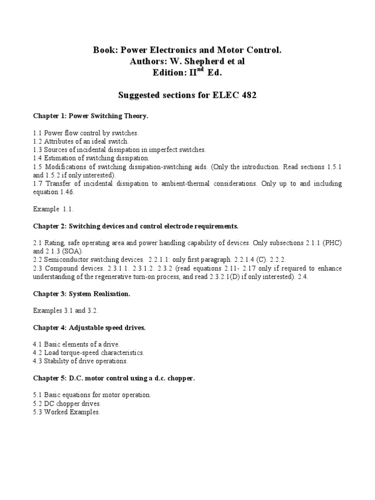 Book Power Electronics and Motor Control. Authors W. Shepherd Et Al