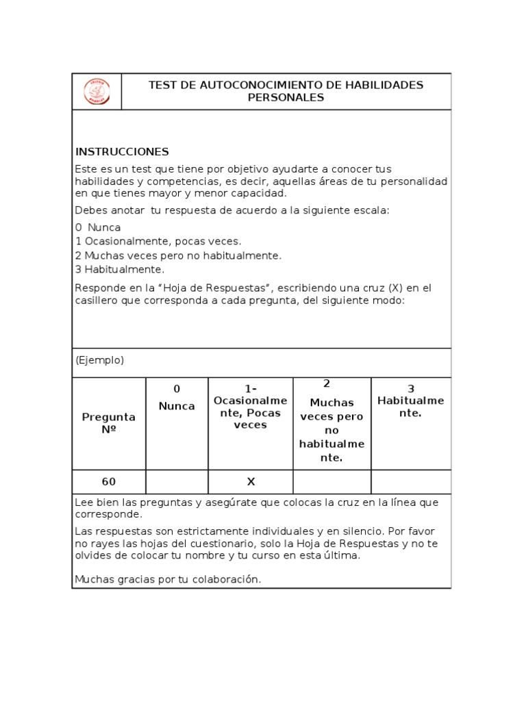 Test de Autoconocimiento de Habilidades Personales | PDF | Ejercicio ...