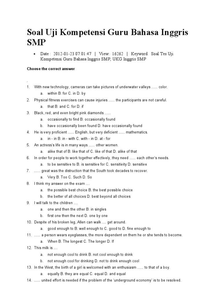 Soal Uji Kompetensi Guru Bahasa Inggris SMP