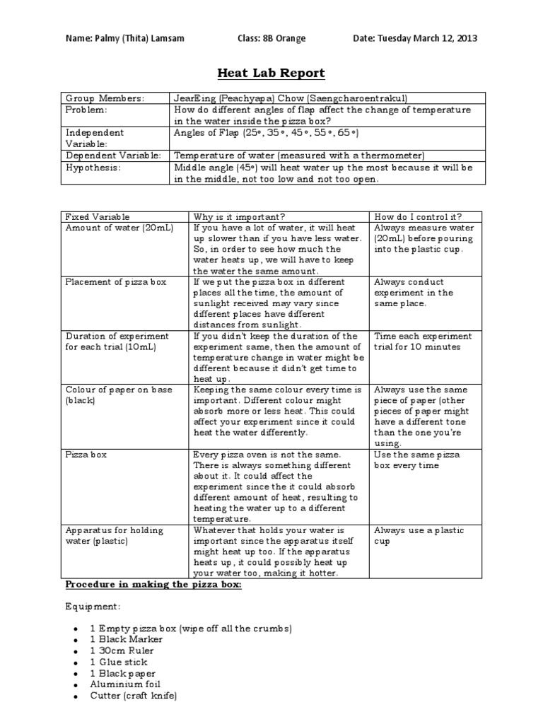 Heat Lab Report: Name: Palmy (Thita) Lamsam Class: 8B Orange Date ...