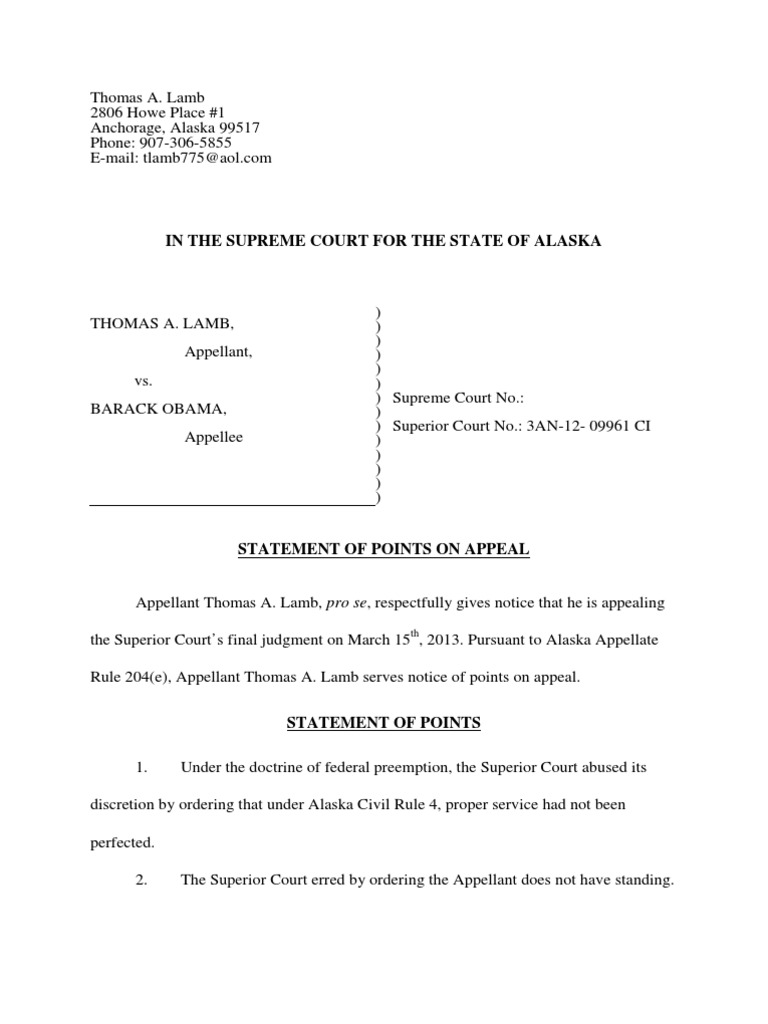 Statement of Points on Appeal Alaska Supreme Court Lamb v Obama