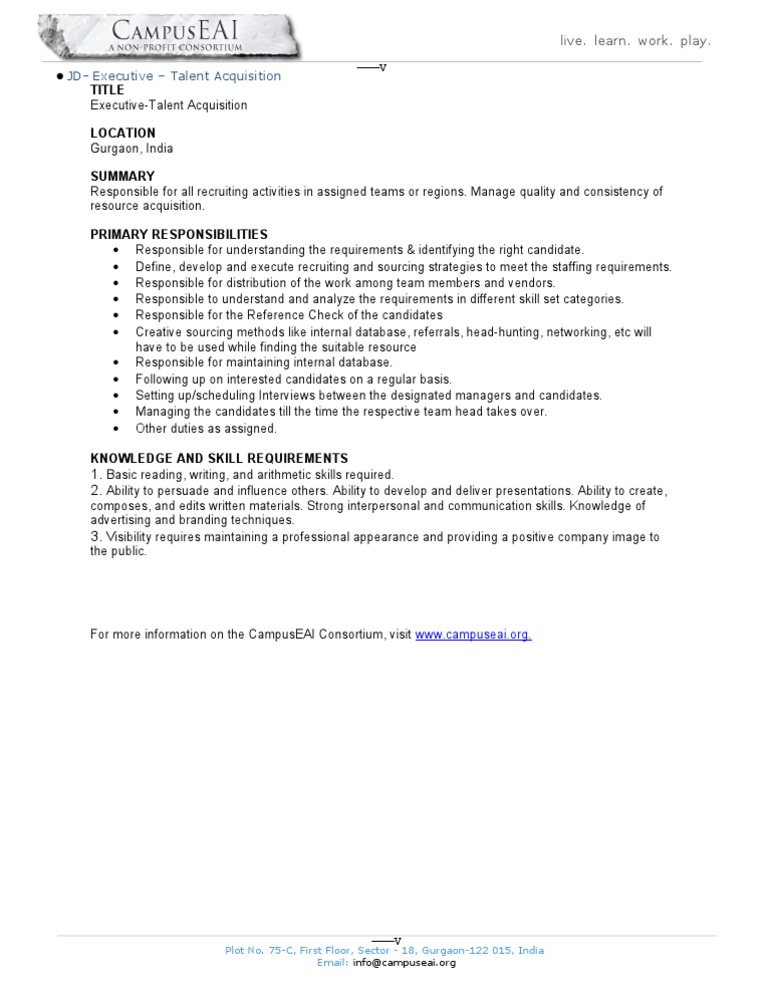 Executive Talent Acquisition JD | PDF | Career & Growth
