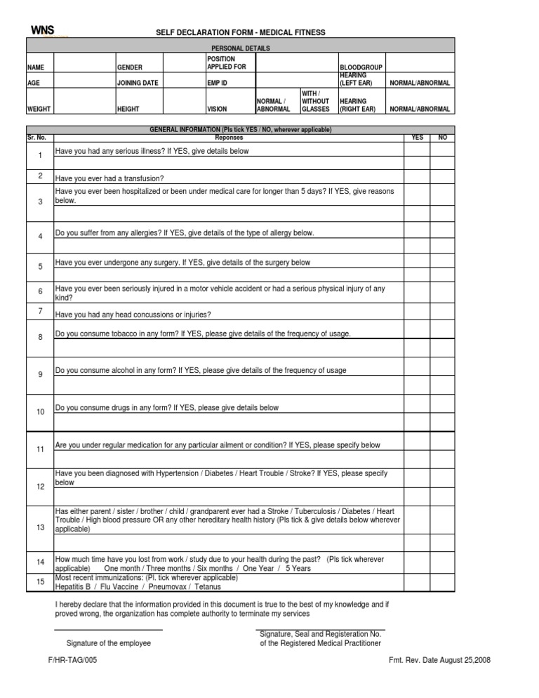 Self Declaration Medical Fitness Form PDF